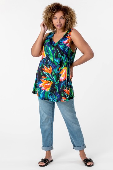 Roman Curve V-Neck Tropical Print Top