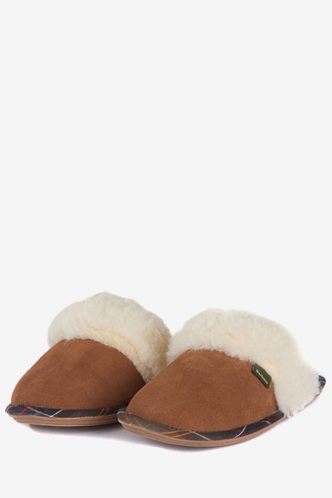 Barbour® Tan Brown Suede Faux-Fur Trim Lydia Slippers