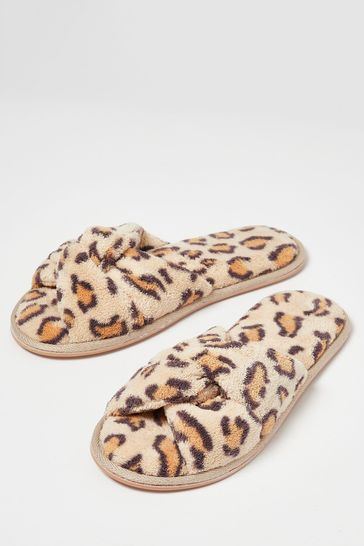 Oliver Bonas Brown Animal Print Faux Fur Knotted Slippers