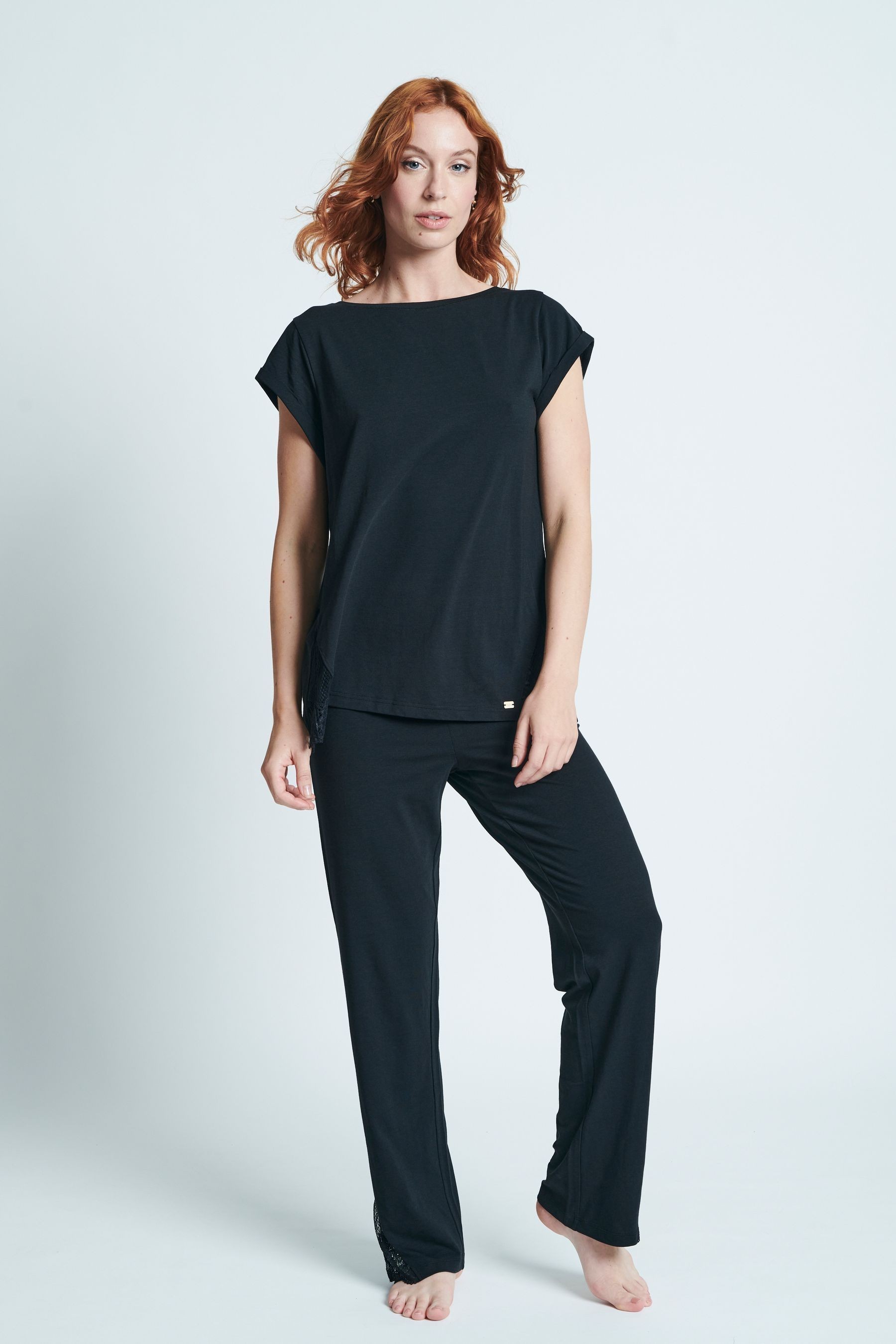 ELLE Black Nightwear Lace Crossover T-Shirt