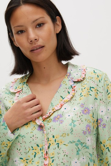 Oliver Bonas Green Field Floral Print Green Shirt And Trousers Pyjama Set