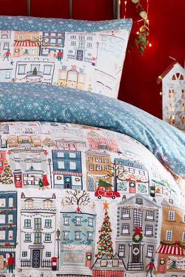 furn. Multicolour Festive Town Christmas Reversible Duvet Cover and Pillowcase Set