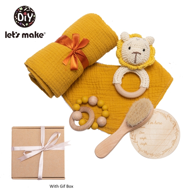 Let's Make Baby Bath Toy Set Double Sided Cotton Blanket Wooden Rattle Bracelet Crochet Toys Baby Birth Gift Products For Kids