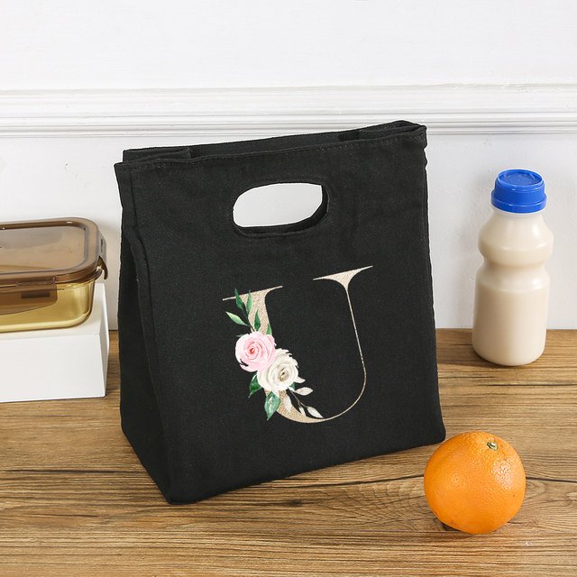 Rose Flower Letters A-Z Canvas Lunch Bag Harajuku Insulated Functional Thermal Pouch Cooler Bags for Women Funny Kid Picnic Box