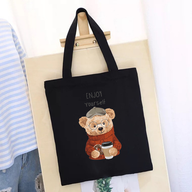 Women's Shopping Bag All-match Bear Chain Handbag Folding Reusable Canvas Shopper Harajuku Style Bag New Student Canvas Tote Bag