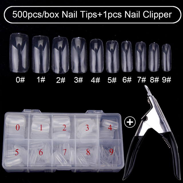 500pcs/box Clear Artificial False Nail Tips Capsule with Nails Cutter Coffin French Full Cover Fake Nails Manicure Tools