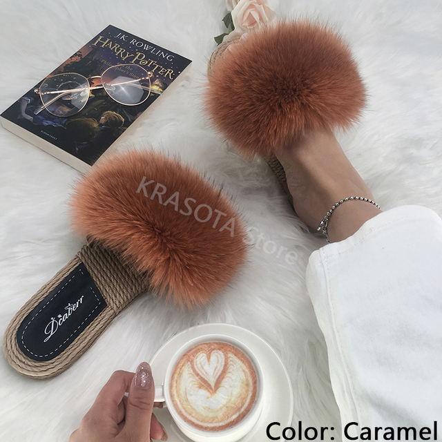 Real Fox Fur Slides Summer Women Faux Espadrilles Slippers Ladies Fluffy Flip Flops Luxury Furry Sandals Shoes 36 37 38 39 40