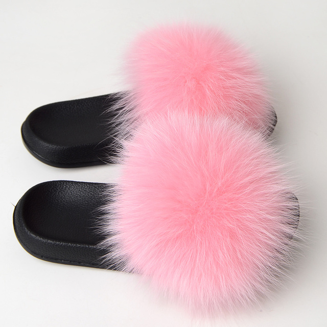 Real Fox Fur Slippers Women Summer Indoor Fluffy Flat Raccoon Fur Slides Outdoor Fashion Casual Beach Shoes Plus Size Shoes