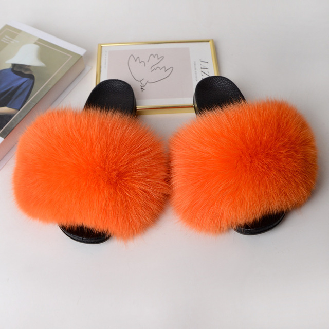 Genuine Fluffy Fur Slippers Women Summer Indoor Flip Flops Fur Sandals Slides Ladies Home Furry Plush Shoes Woman Fur Slides