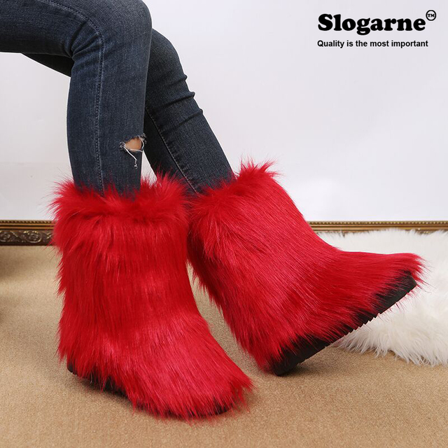 Women Snow Boots Outdoor Fur Boots Fluffy Fur Female Luxury Furry Plush Bottes Warm Mid-Calf Winter Boots Large Size Platform