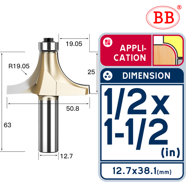 BB Corner Rounding Router Bit Concave Milling Cutter with Parallel Shank 1/2 1/4 Inch Woodworking Tool Round Edge Trimmer