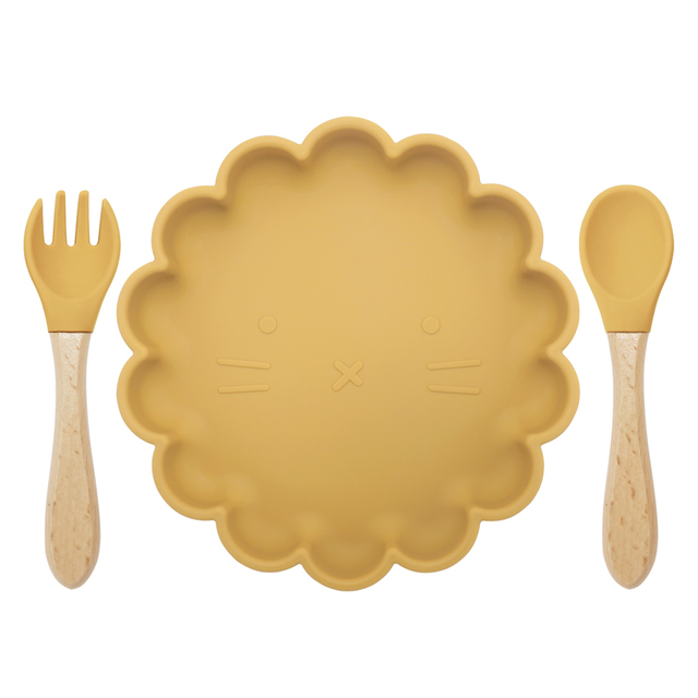 Children's Silicone Dinner Plate Strong Sucker Cartoon Lion Baby Feeding Set BPA Free Wooden Handle Fork Spoon Baby Shower Gift