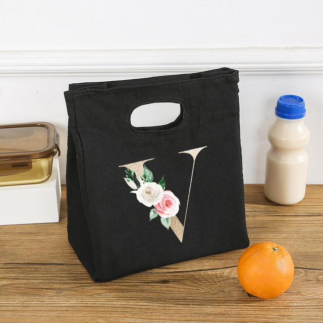 Rose Flower Letters A-Z Canvas Lunch Bag Harajuku Insulated Functional Thermal Pouch Cooler Bags for Women Funny Kid Picnic Box