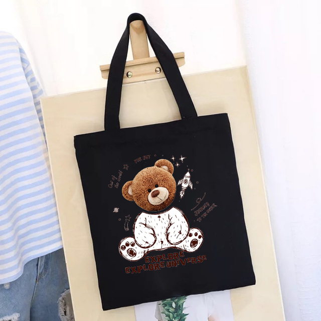 Women's Shopping Bag All-match Bear Chain Handbag Folding Reusable Canvas Shopper Harajuku Style Bag New Student Canvas Tote Bag