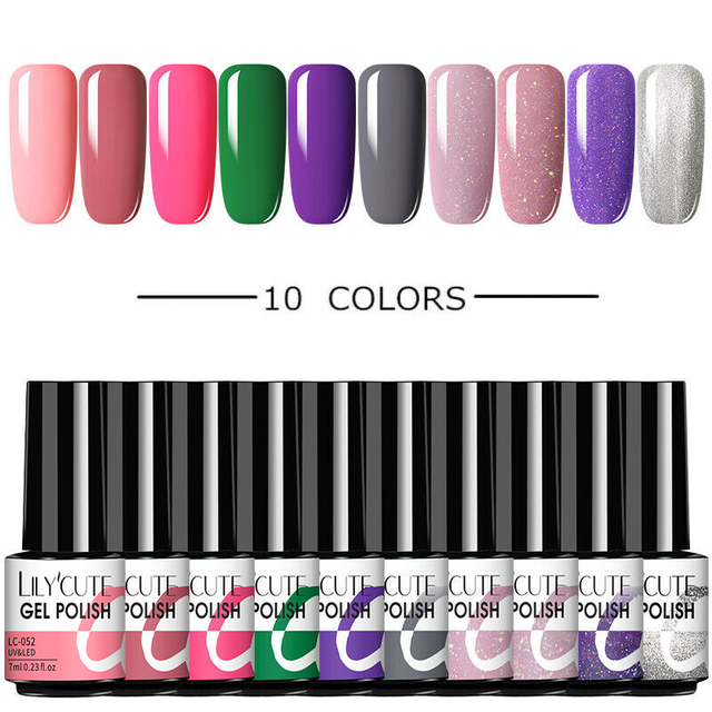 LILYCUTE 10pcs Gel Nail Polish Set With UV Lamp Nude Gel Semi Permanent Hybrid Varnish Base Top Coat Soak Off UV LED Nail Art