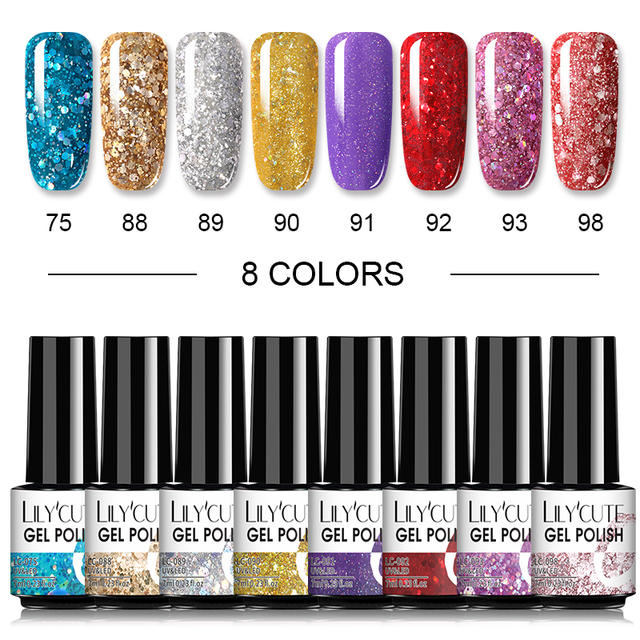 LILYCUTE 10/20/8/2pcs Gel Nail Polish Set Semi Permanent Glitter Hybrid Varnish Base Top Coat Soak Off UV LED Nails Gel