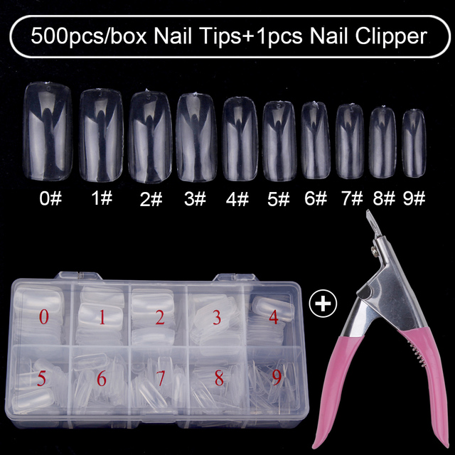 500pcs/box Clear Artificial False Nail Tips Capsule with Nails Cutter Coffin French Full Cover Fake Nails Manicure Tools