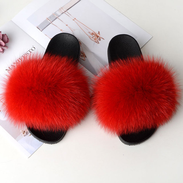 Genuine Fluffy Fur Slippers Women Summer Indoor Flip Flops Fur Sandals Slides Ladies Home Furry Plush Shoes Woman Fur Slides