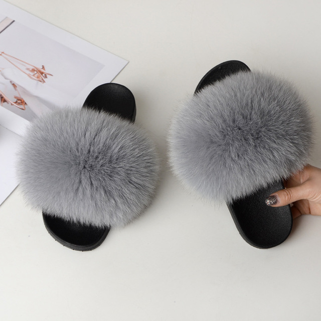 Summer fox fur slippers flat non-slip solid plush home shoes