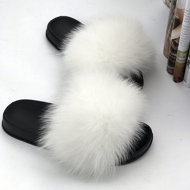 Women Summer Fluffy Fur Slippers Flat Non-slip Solid Real Furry Fur Slides Platform Shoes Plush Fur Sandals Flip Flops Women