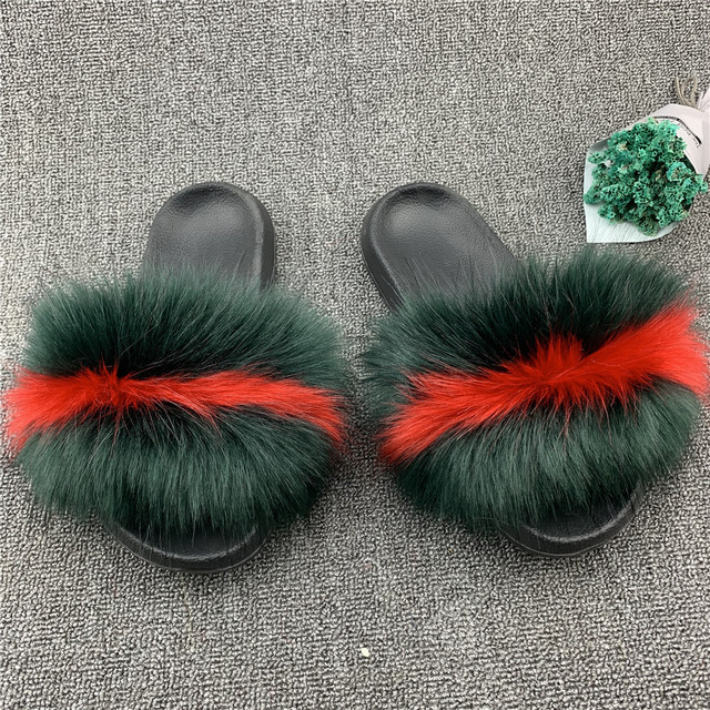 Fashion designer luxury ladies furry fur slippers colorful sandals rainbow shoes for women