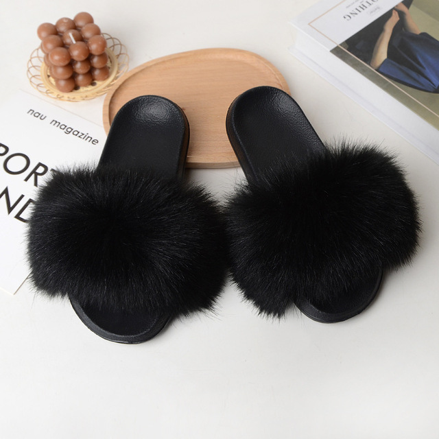 Women Summer New Synthetic Fox Fur Slippers Indoor Home Furry Cute Faux Raccoon Fur Non-slip Outdoor Home Shoes Beach Sandals