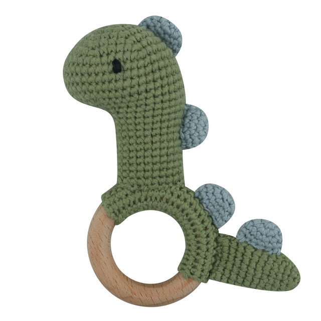 1pc or 2pcs/set BPA Free Crochet Dinosaur Baby Teether Rattle Safe Beech Wooden Teether Ring Newborn Mobile Sport Educational Toy