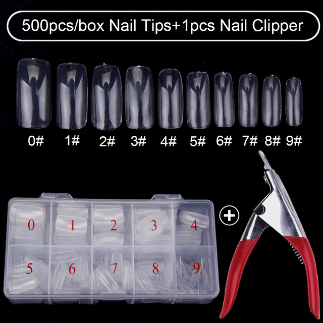 500pcs/box Clear Artificial False Nail Tips Capsule with Nails Cutter Coffin French Full Cover Fake Nails Manicure Tools