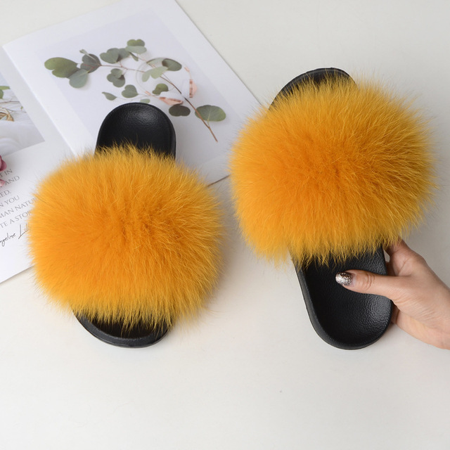 Summer fox fur slippers flat non-slip solid plush home shoes