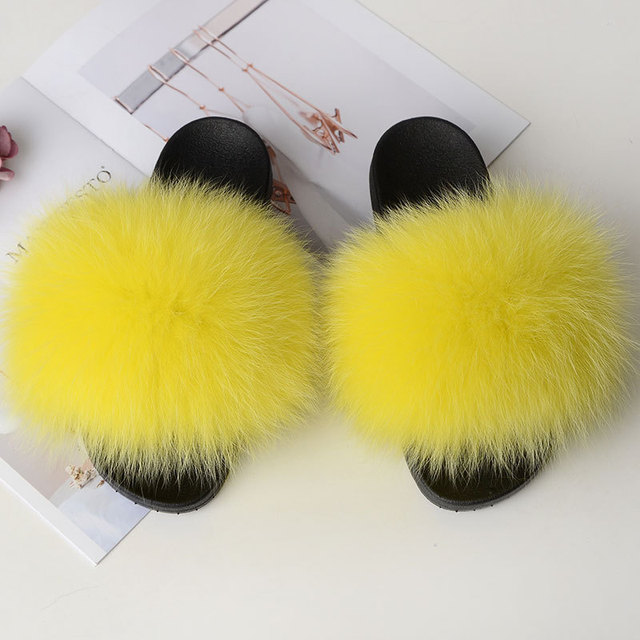 Women Summer Fluffy Fur Slippers Flat Non-slip Solid Real Furry Fur Slides Platform Shoes Plush Fur Sandals Flip Flops Women