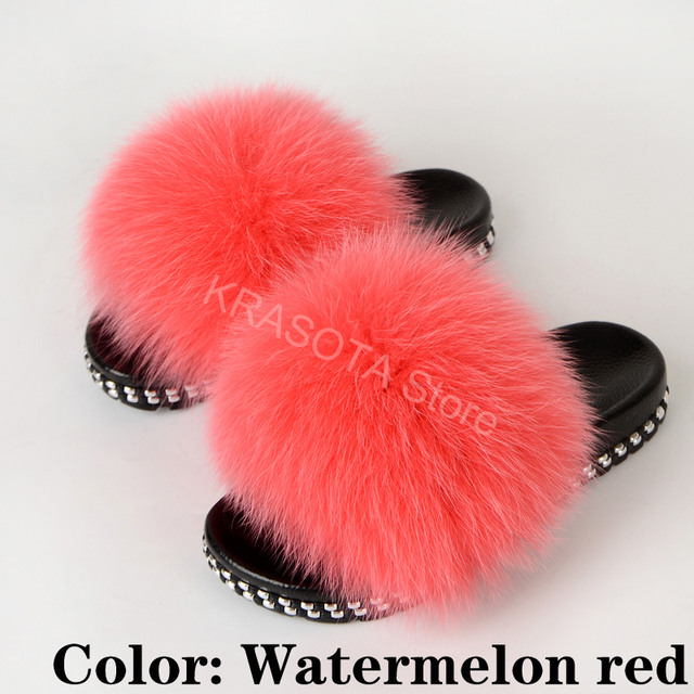 Fur Slippers Women Real Fox Fur Slides Fluffy Home Slippers Luxury Flip Flop with Fur Ladies Platform Sandals Summer Shoes Women