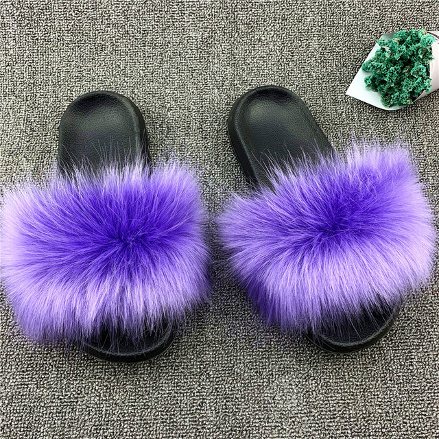 Fashion designer luxury ladies furry fur slippers colorful sandals rainbow shoes for women