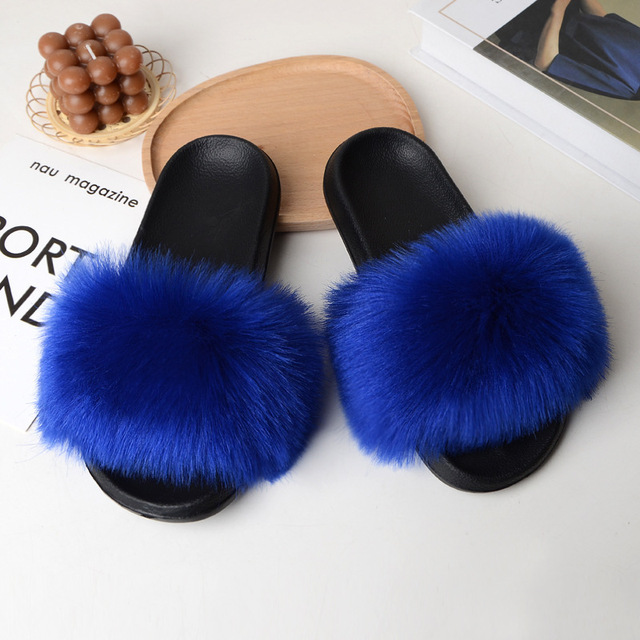 Women Summer New Synthetic Fox Fur Slippers Indoor Home Furry Cute Faux Raccoon Fur Non-slip Outdoor Home Shoes Beach Sandals