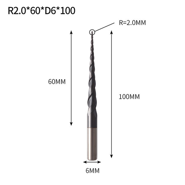 VACK - Ball Nose Pointed End Mills, 3.175mm, 4mm, 6mm, 8mm, Router Bits, Cnc, Wood and Metal Milling Machine