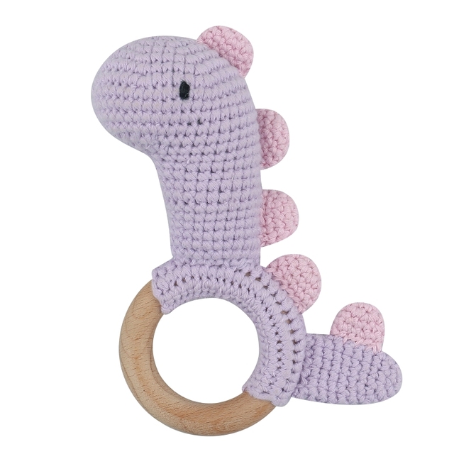 1pc or 2pcs/set BPA Free Crochet Dinosaur Baby Teether Rattle Safe Beech Wooden Teether Ring Newborn Mobile Sport Educational Toy