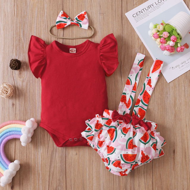 Newborn Baby Girls Clothes Sets Toddler Girls Outfits Ruffle Sleeve T-shirt Suspenders Pants Headband 3pcs Outfit Set Toddler 0-18M