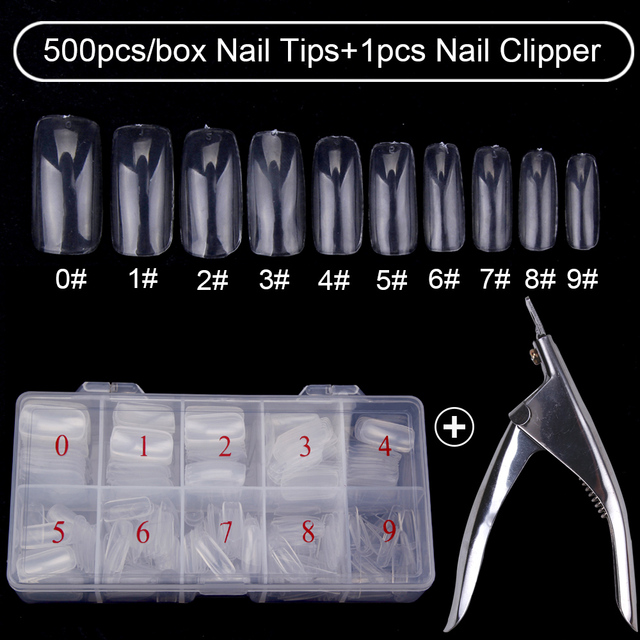 500pcs/box Clear Artificial False Nail Tips Capsule with Nails Cutter Coffin French Full Cover Fake Nails Manicure Tools