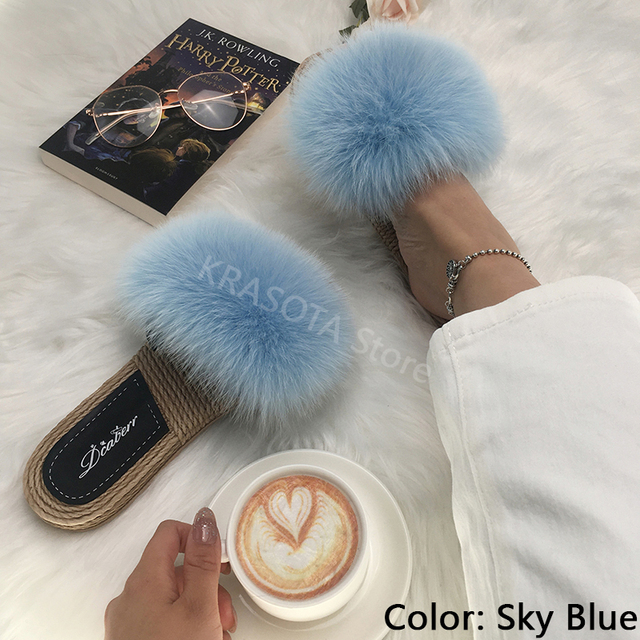 Real Fox Fur Slides Summer Women Faux Espadrilles Slippers Ladies Fluffy Flip Flops Luxury Furry Sandals Shoes 36 37 38 39 40