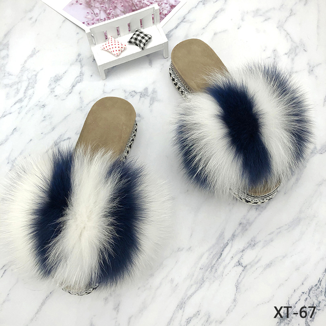 Fur Slides Summer Rivets Platform Sandals Ladies Sandals Outdoor Real Fur Ladies Heels Shoes 2021 New Fluffy Slippers Flip Flops