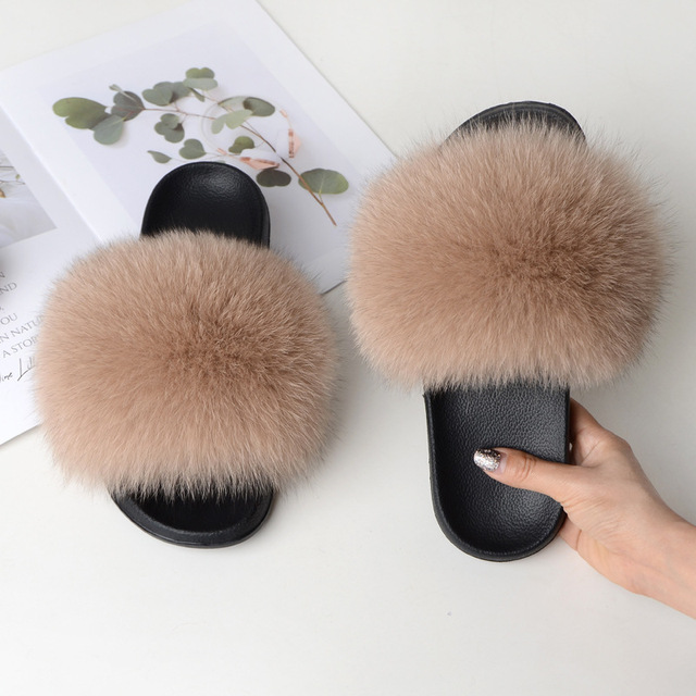 Summer fox fur slippers flat non-slip solid plush home shoes