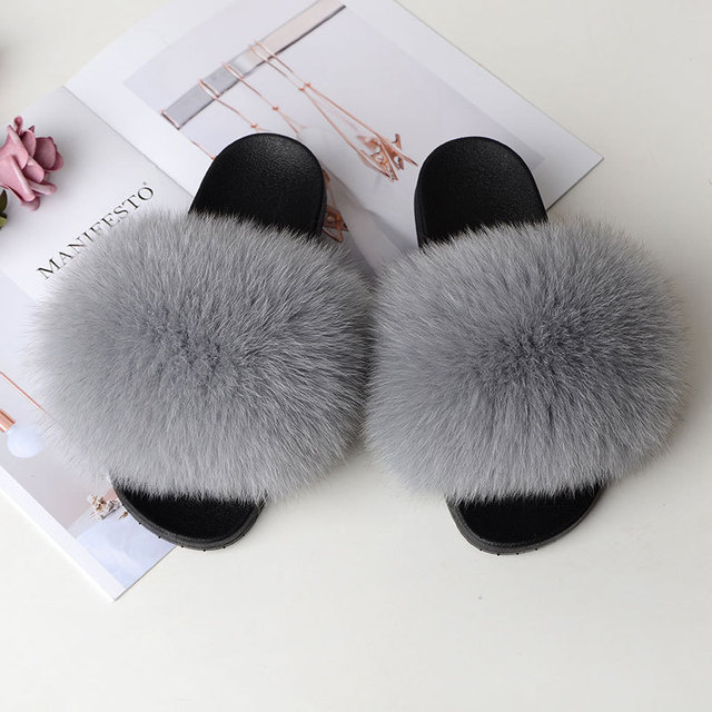 Women Summer Fluffy Fur Slippers Flat Non-slip Solid Real Furry Fur Slides Platform Shoes Plush Fur Sandals Flip Flops Women