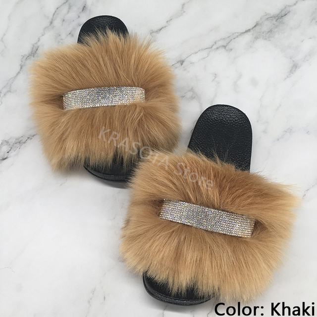 Home Slippers Women Thin Slippers Luxury Summer Faux Fur Slippers Furry Slides Shoes For Women With Rhinestones Slipper 2022