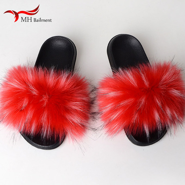 Women Summer New Synthetic Fox Fur Slippers Indoor Home Furry Cute Faux Raccoon Fur Non-slip Outdoor Home Shoes Beach Sandals