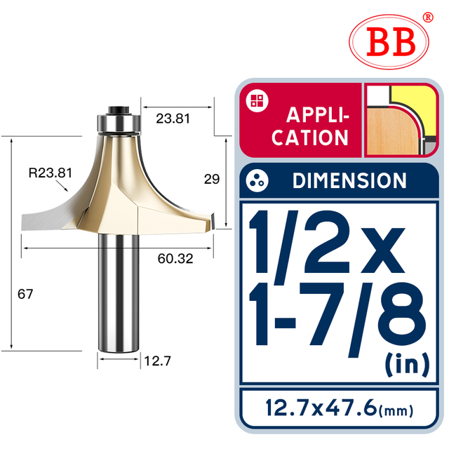 BB Corner Rounding Router Bit Concave Milling Cutter with Parallel Shank 1/2 1/4 Inch Woodworking Tool Round Edge Trimmer