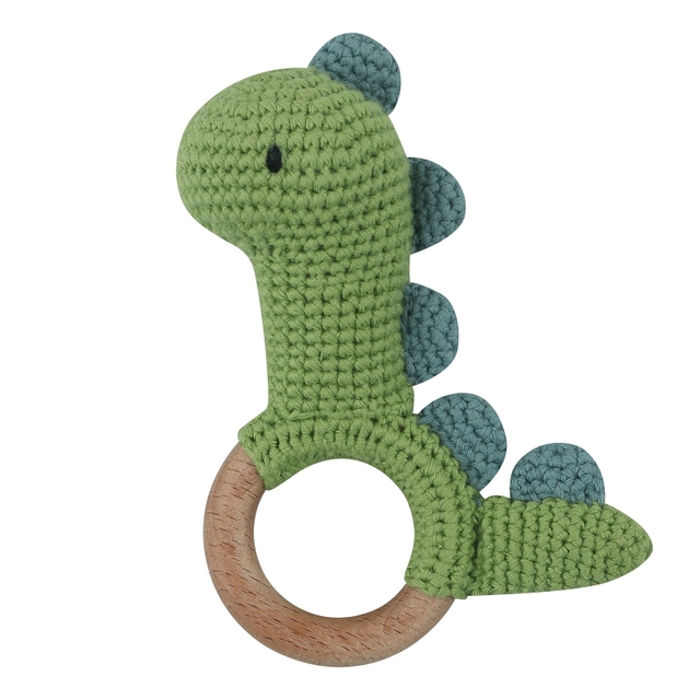 1pc or 2pcs/set BPA Free Crochet Dinosaur Baby Teether Rattle Safe Beech Wooden Teether Ring Newborn Mobile Sport Educational Toy