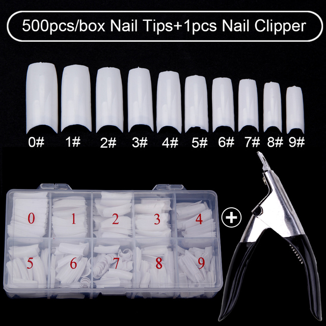 500pcs/box Clear Artificial False Nail Tips Capsule with Nails Cutter Coffin French Full Cover Fake Nails Manicure Tools