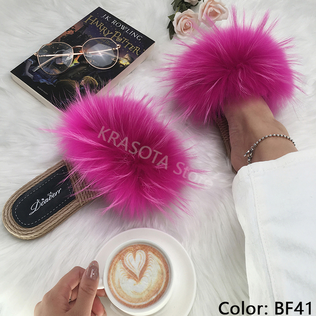 Real Fox Fur Slides Summer Women Faux Espadrilles Slippers Ladies Fluffy Flip Flops Luxury Furry Sandals Shoes 36 37 38 39 40