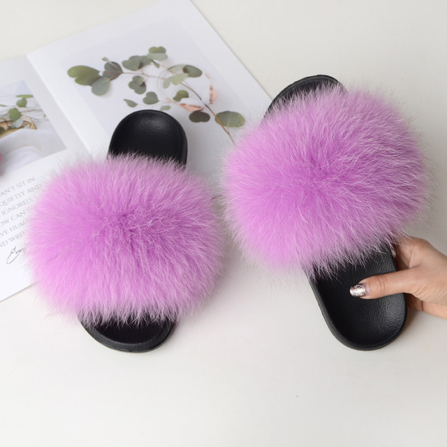 Summer fox fur slippers flat non-slip solid plush home shoes