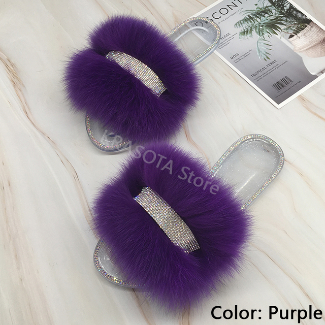 Jelly Slippers Transparent Crystal Flat Slippers Furry Slides for Women Fluffy Slippers Fur Sandals Flip Flop Ladies Summer 2022