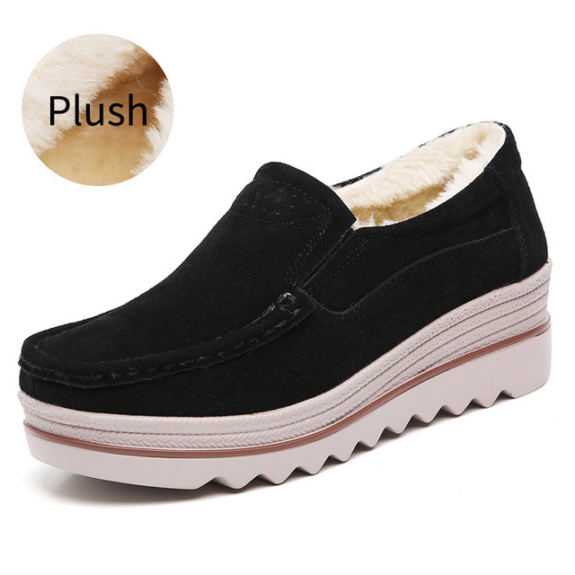 5.5cm high heels thick platform women shoes casual solid genuine leather with plush autumn winter outdoor ladies walking shoes